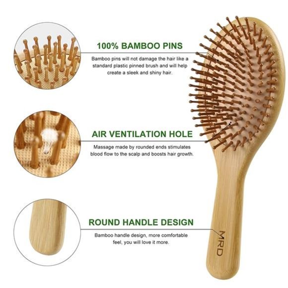Hair Brush Set, Natural Bamboo Comb Paddle Detangling Hairbrush, Wide-tooth - Picture 3 of 6